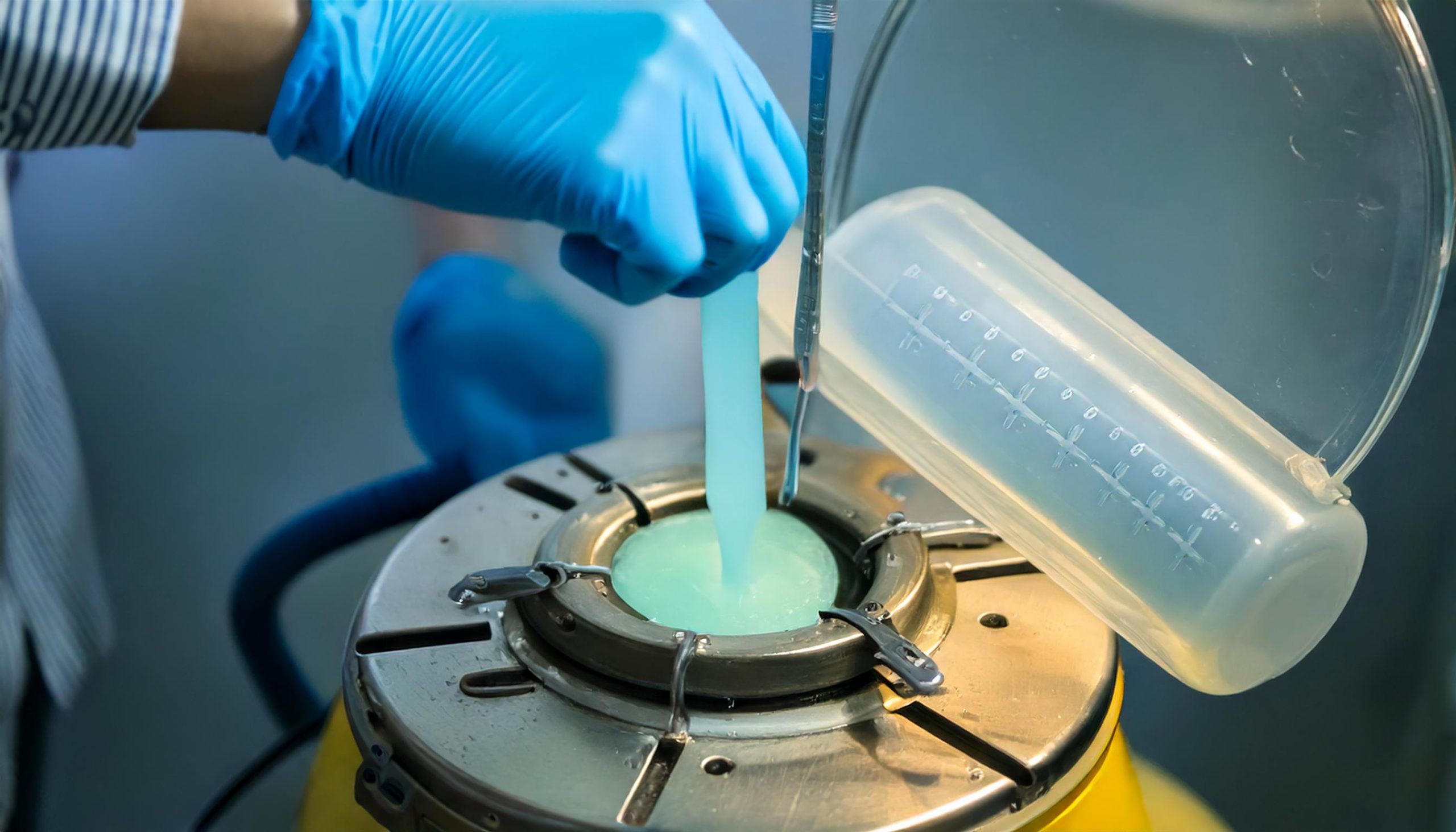 Firefly IVF lab gas tank, cold gas coming out of it, and the person removing a measuring stick from